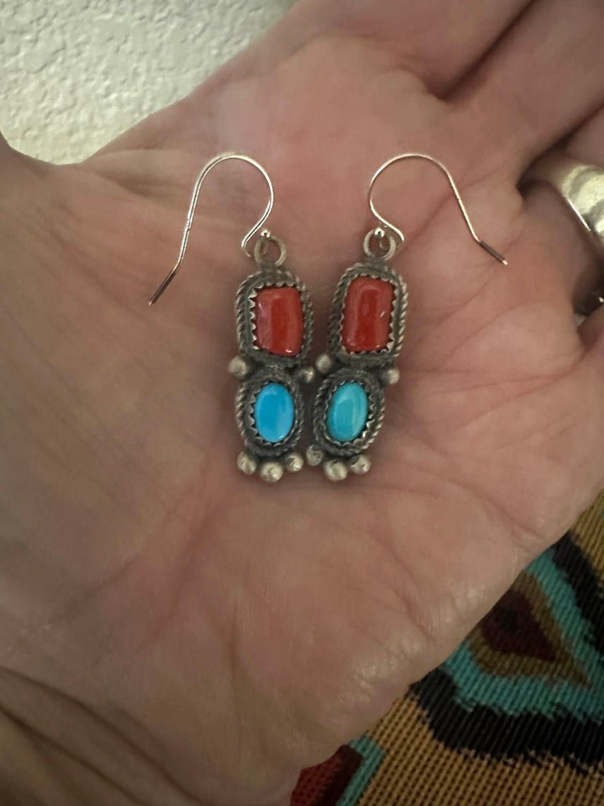 Vintage Sterling Silver Coral and Turquoise Dangle Earrings by LaRose and Archie Ganadonegro - Native American Jewelry LaRose Ganadonegro