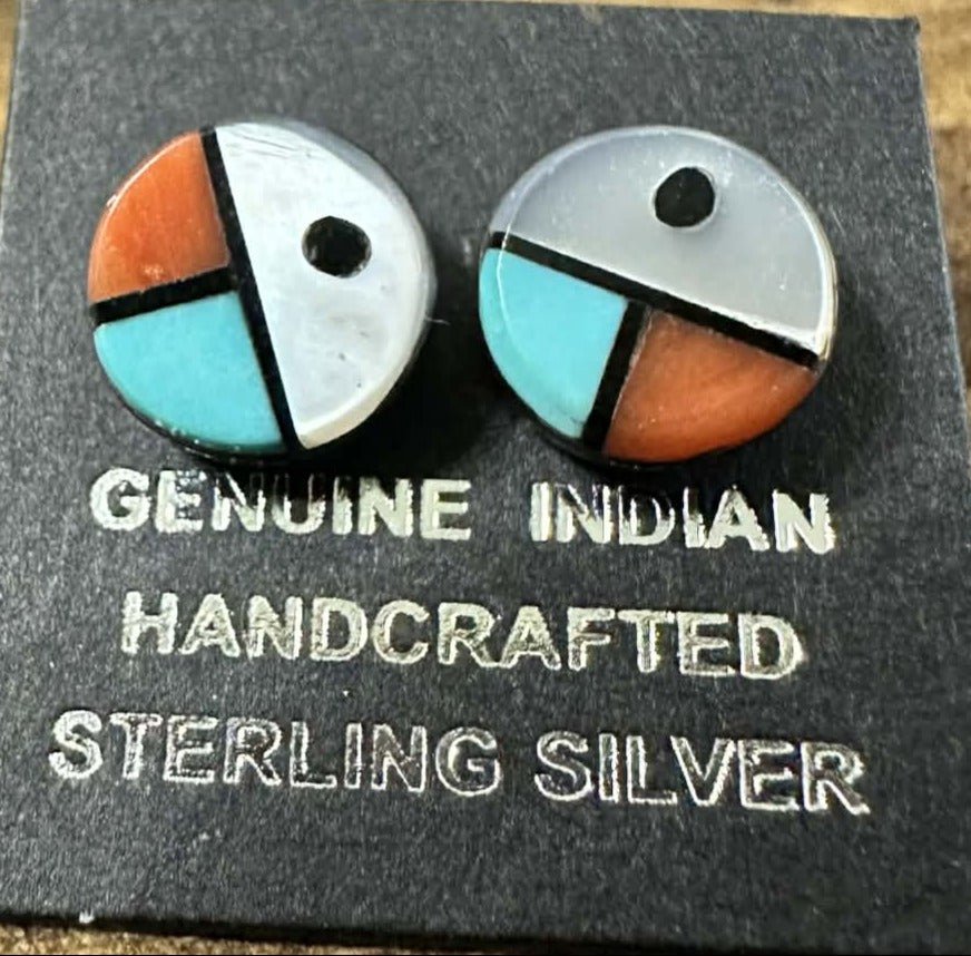 Vintage Sterling Silver & Inlay Turquoise Zuni Sunface Post Earrings - 8.5mm - Native American Jewelry Rockin' M Leathers