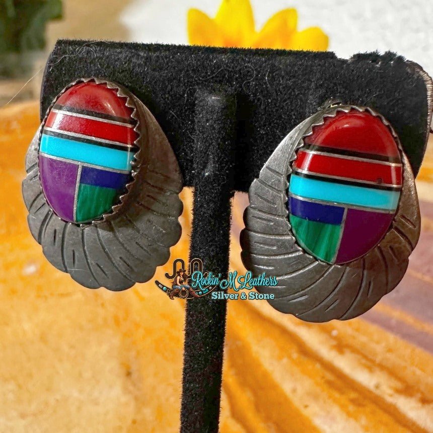 Vintage Sterling Silver Multistone Inlay Stud Earrings Signed - Native American Jewelry Indigenous Artist