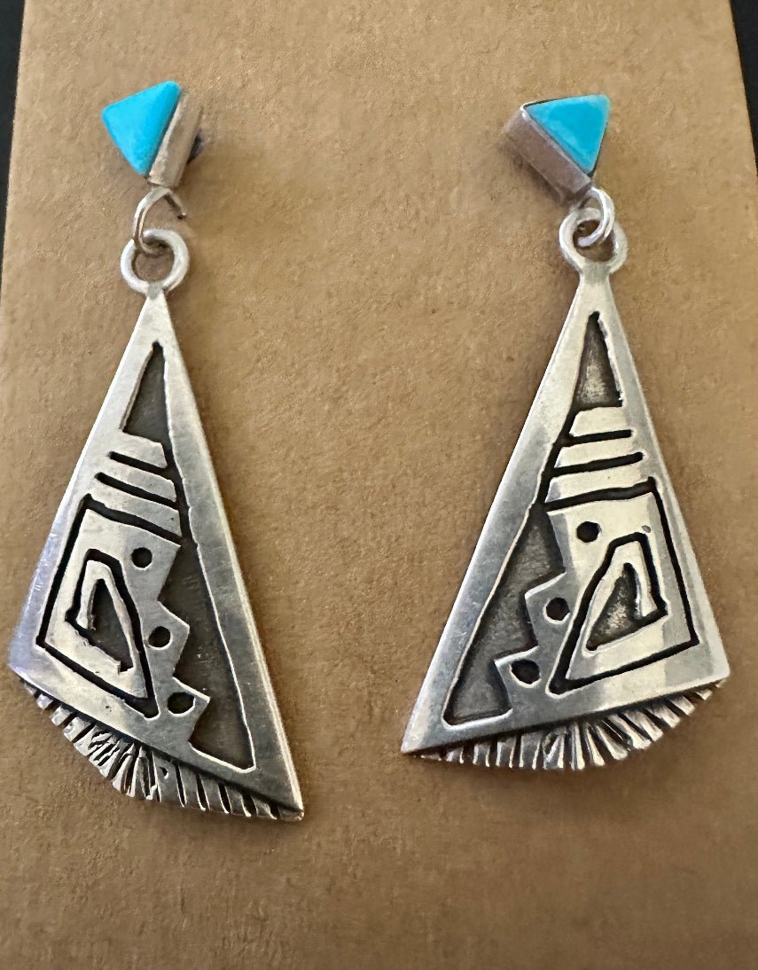 Vintage Sterling Silver Turquoise Triangle Post Dangle Earrings - Native American Jewelry Rockin' M Leathers