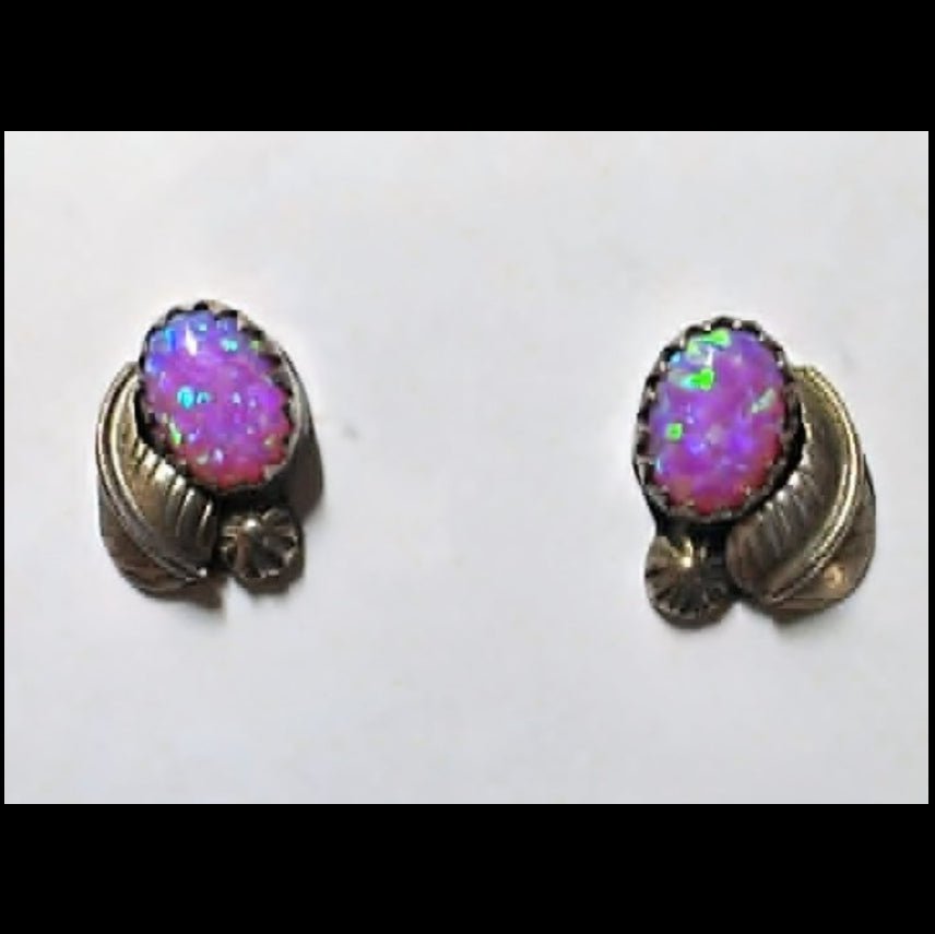 Vintage Sterling Silver and Pink Opal Leaf & Star Stud Earrings - Native American Jewelry Indigenous Artist