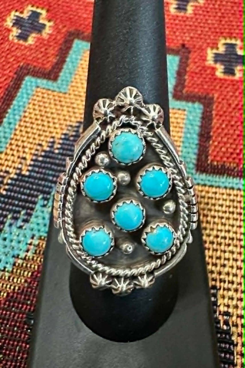 Vintage Sterling Silver and Turquoise Cluster Ring Size 8 By "N" - Native American Jewelry "N"