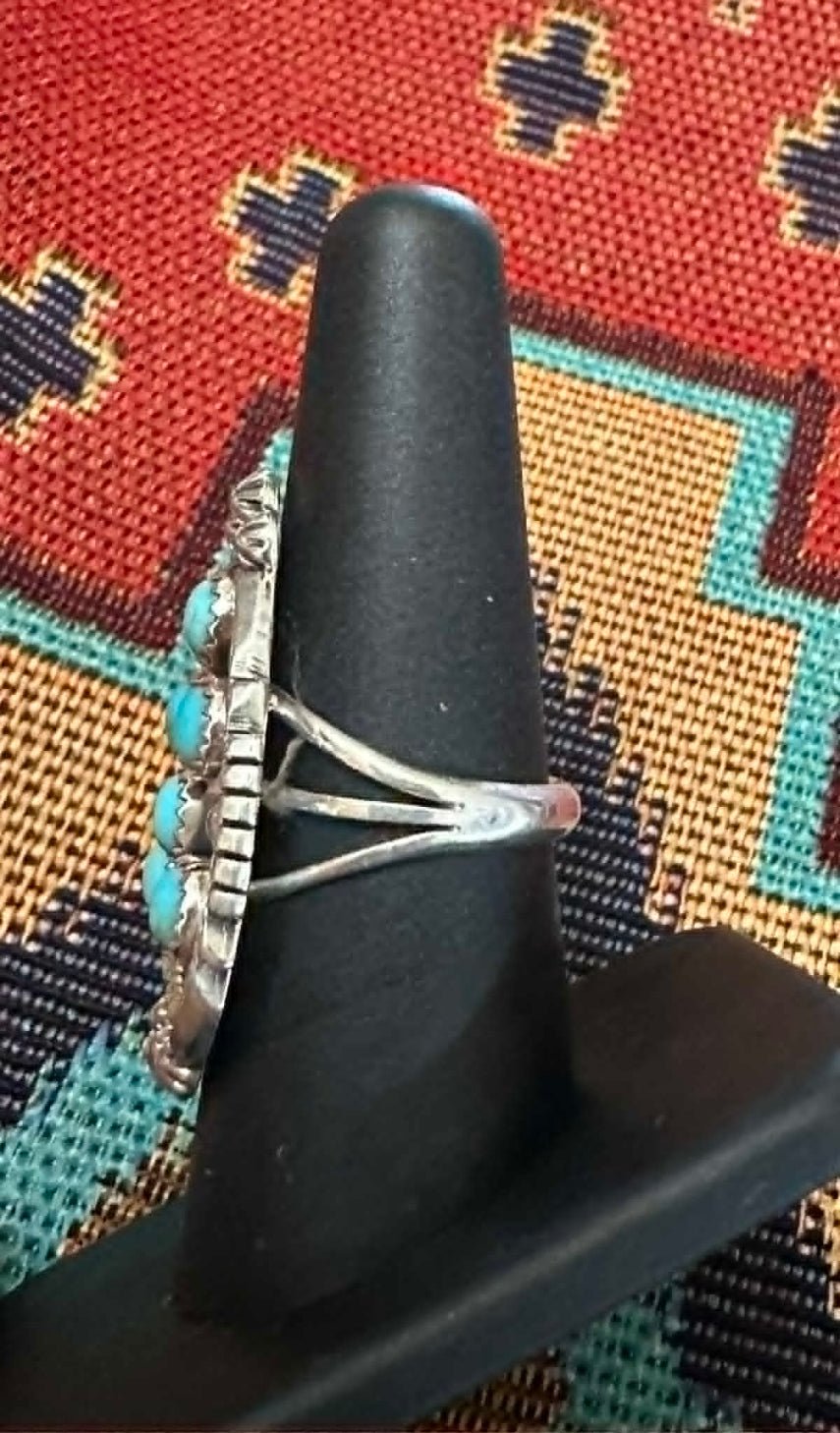Vintage Sterling Silver and Turquoise Cluster Ring Size 8 By "N" - Native American Jewelry "N"