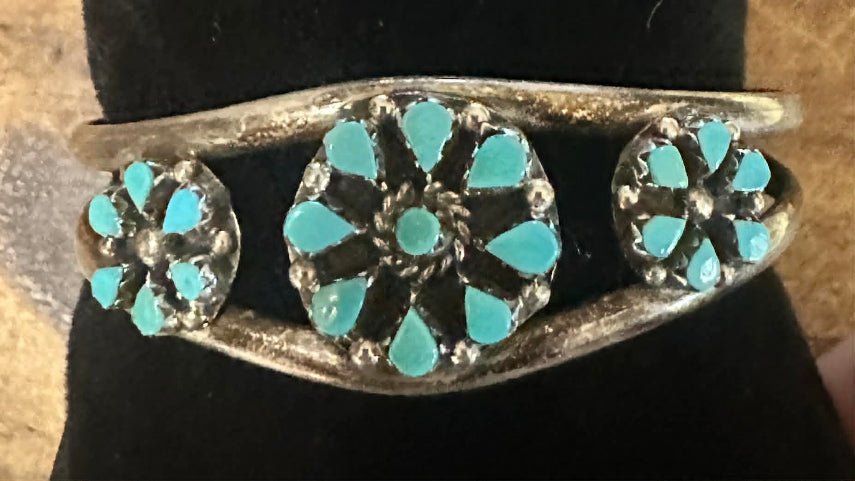 Vintage Zuni Sterling Silver 3 Cluster Turquoise Baby Bracelet - Native American Jewelry Zuni
