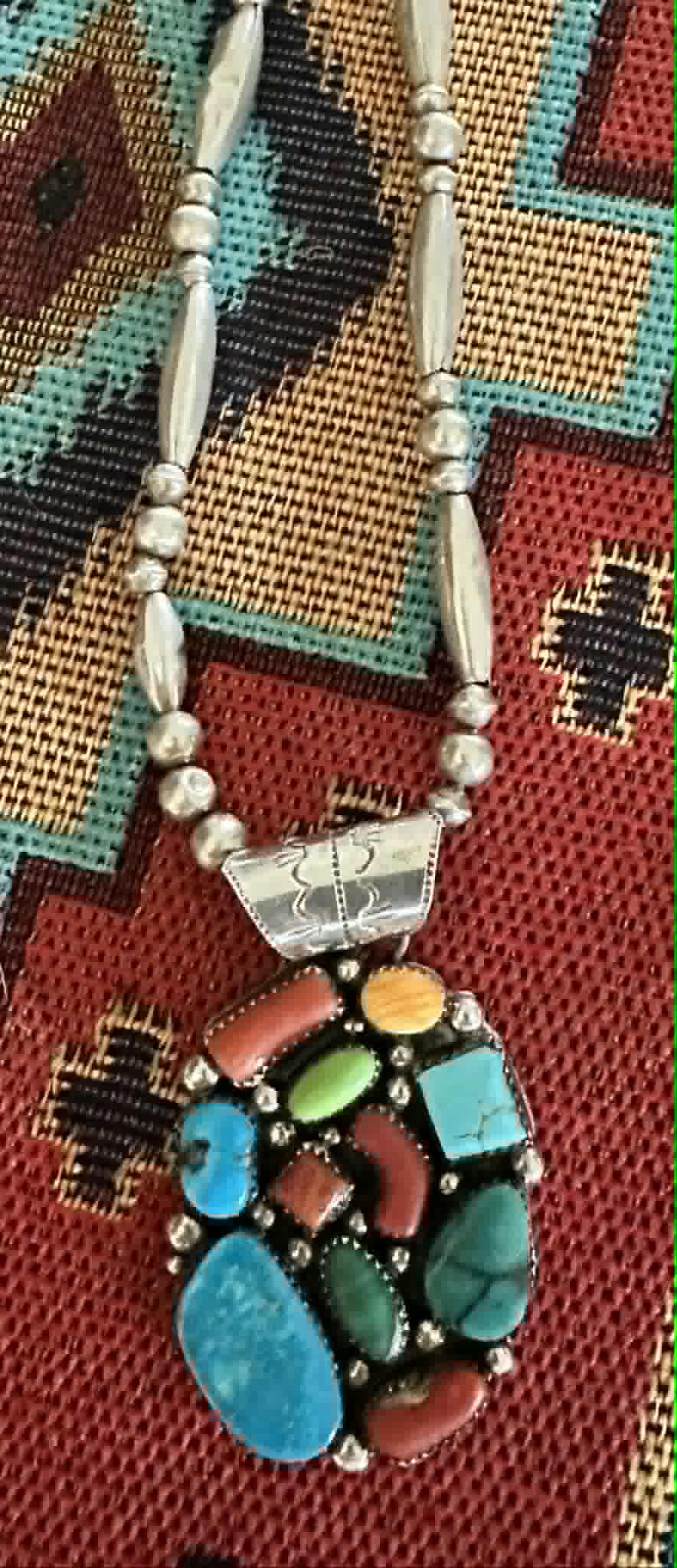 Vintage Navajo Multi stone Cluster Pendant with Melon and Round Beads - Hallmarked - Native American Jewelry Navajo
