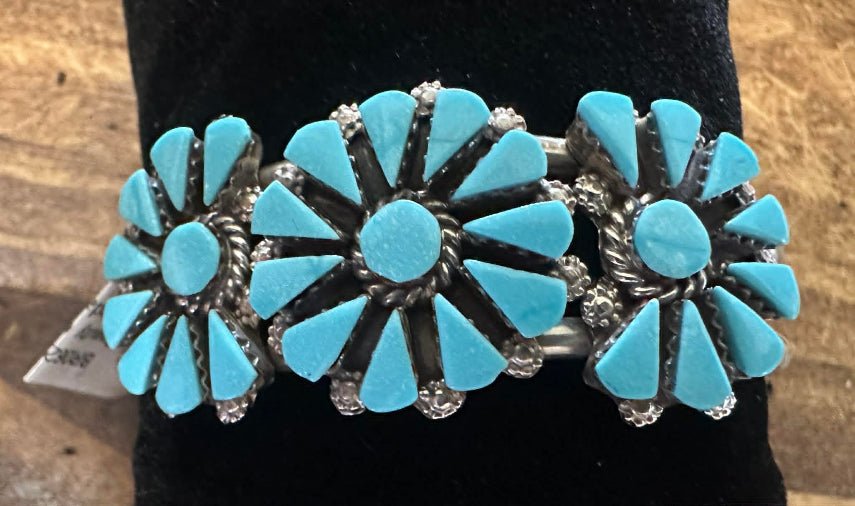 Zuni Sterling Silver 3 Cluster Turquoise Cuff Bracelet by Delbert & Marlinda Chavez