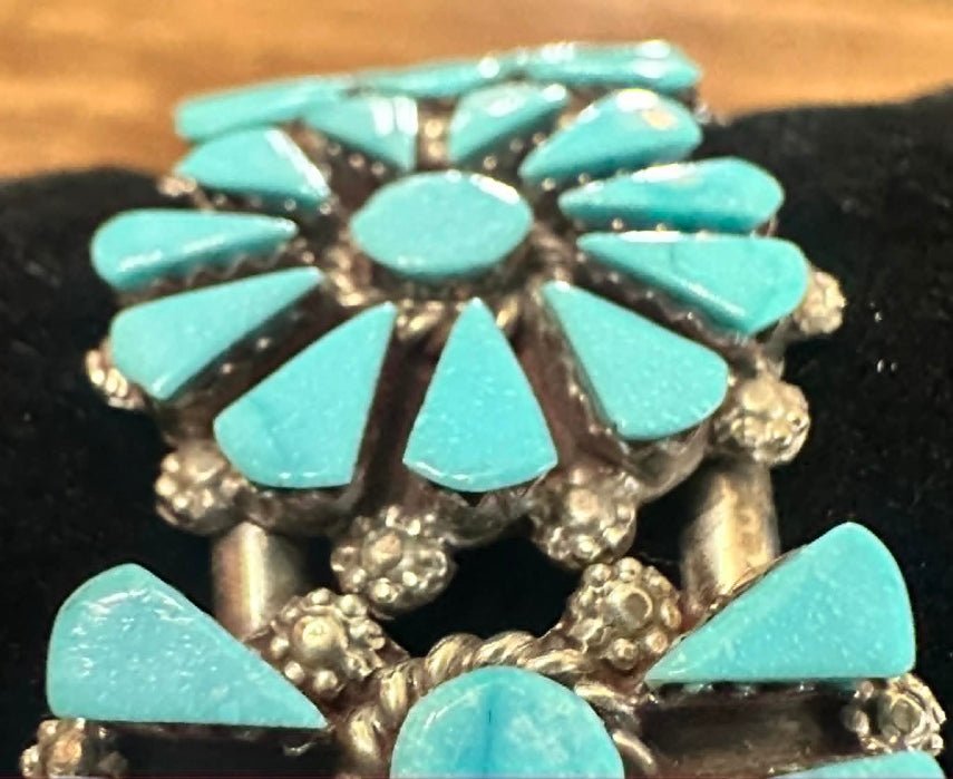 Zuni Sterling Silver 3 Cluster Turquoise Cuff Bracelet by Delbert & Marlinda Chavez Closeup