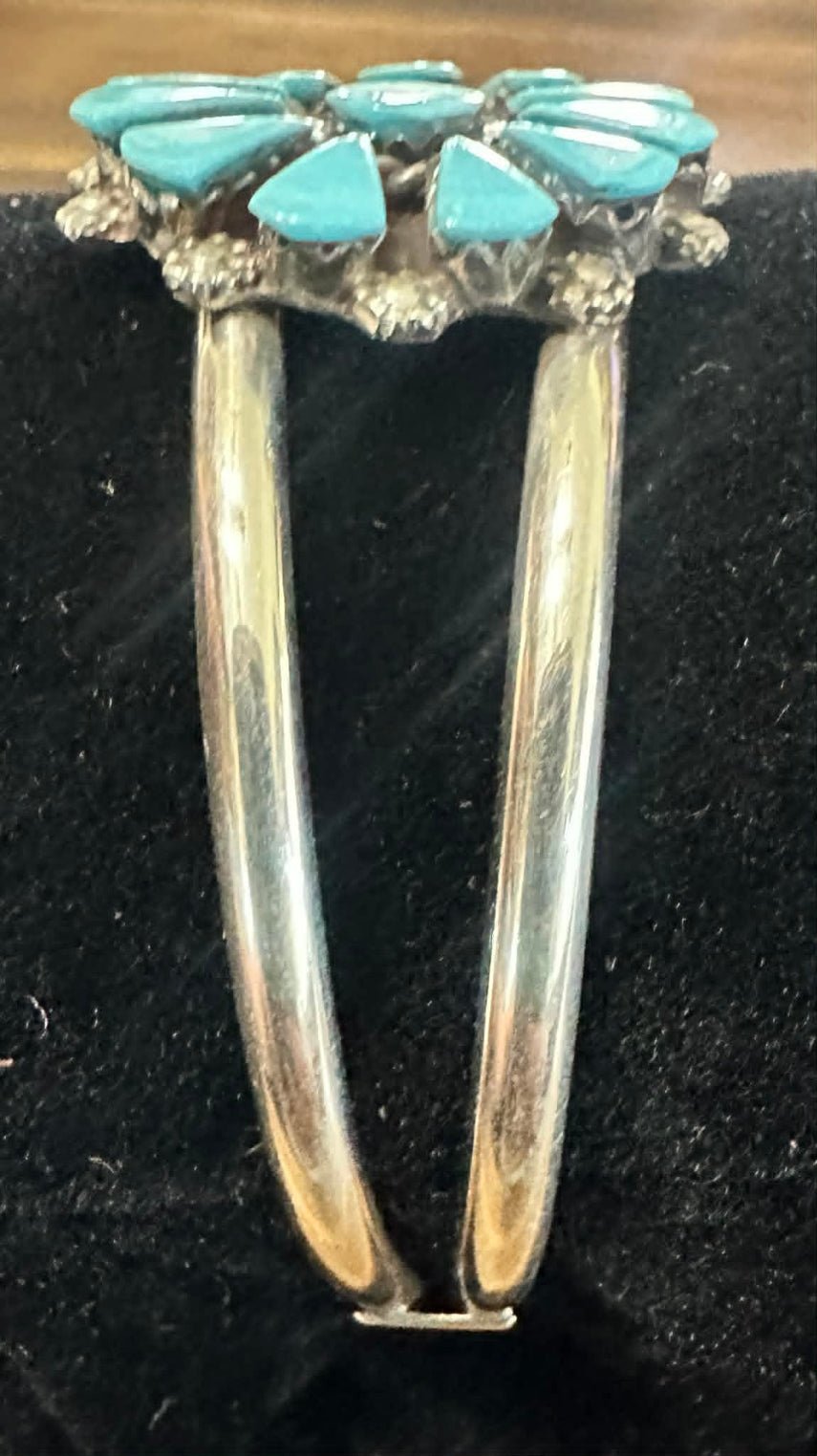 Zuni Sterling Silver 3 Cluster Turquoise Cuff Bracelet by Delbert & Marlinda Chavez Sideview