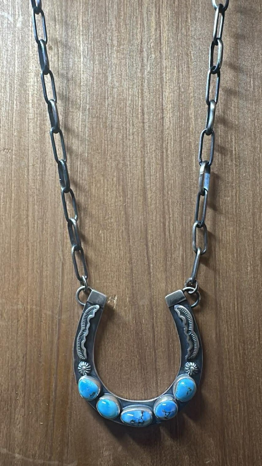 Sterling Silver & Golden Hills Turquoise Horseshoe Necklace by Jackson Hoskie - Native American Jewelry Jackson Hoskie