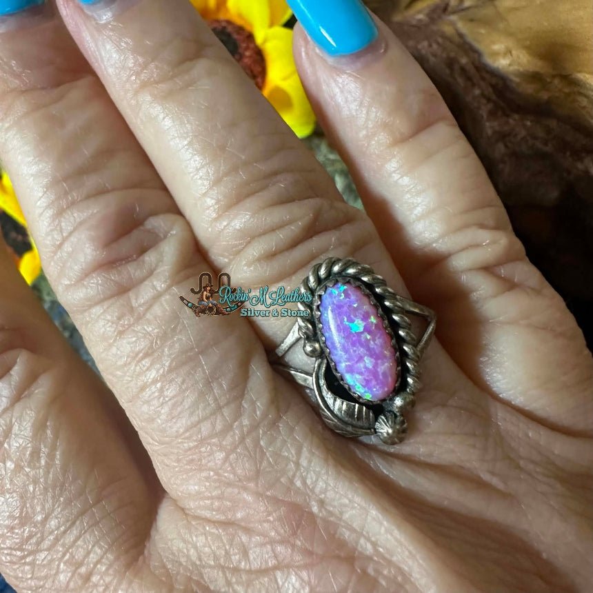 Vintage Sterling Silver and Pink Opal Leaf & Star Ring by HM - Native American Jewelry HM