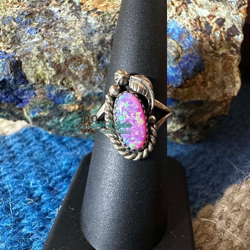 Vintage Sterling Silver and Pink Opal Leaf & Star Ring by HM - Native American Jewelry HM