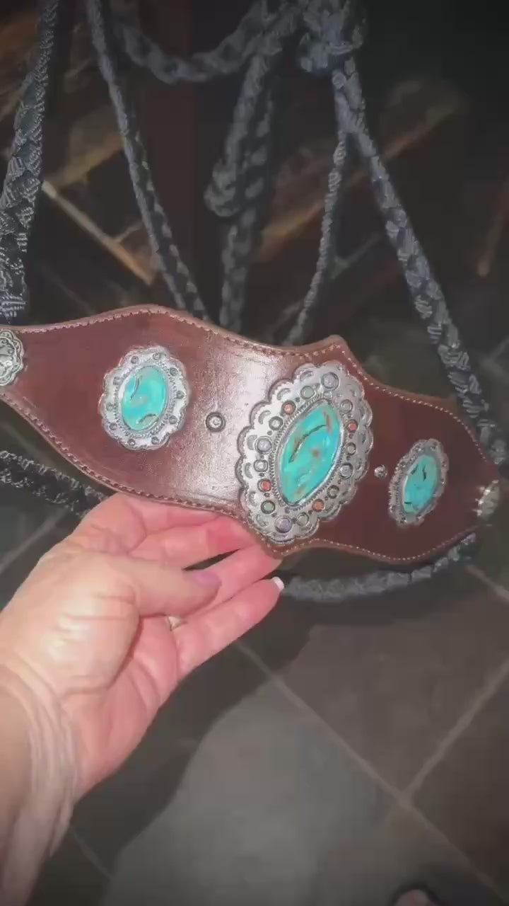 Hand-painted brown leather noseband on black muletape halter featuring handpainted marquise turquoise center concho with coral accents and flanking oval turquoise silver conchos — Rockin' M Leathers