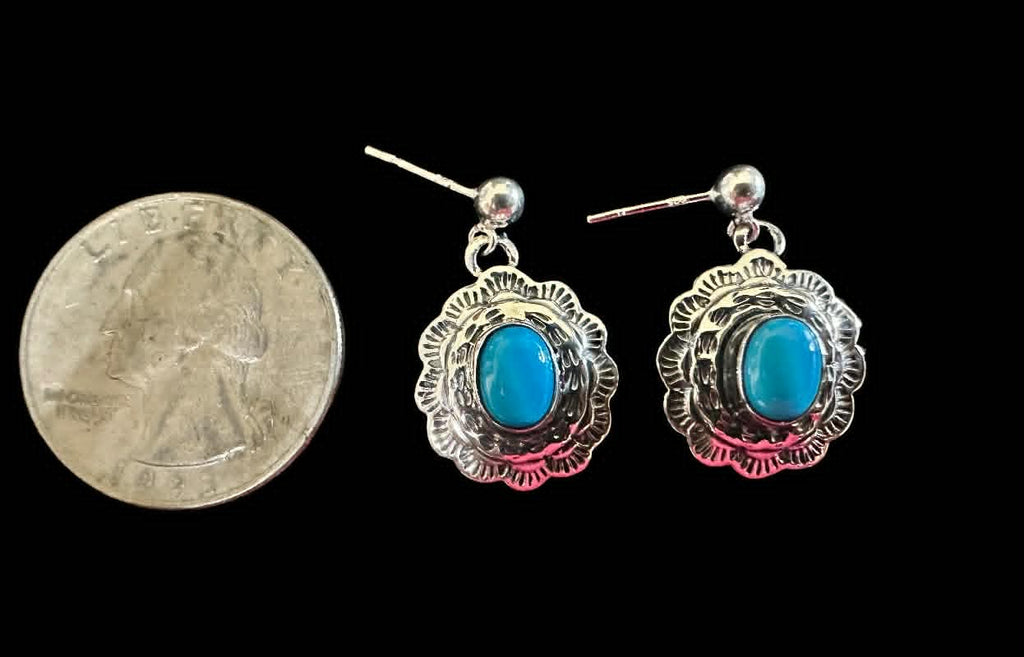 Sterling Silver Concho Sleeping Beauty Turquoise Dangle Earrings by Allen Lee - Native American Jewelry Allen Lee
