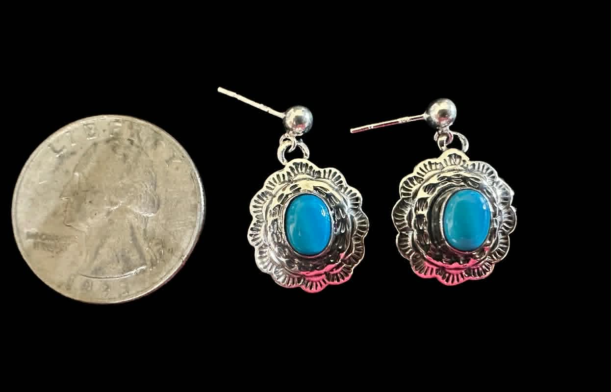 Sterling Silver Concho Sleeping Beauty Turquoise Dangle Earrings by Allen Lee - Native American Jewelry Allen Lee