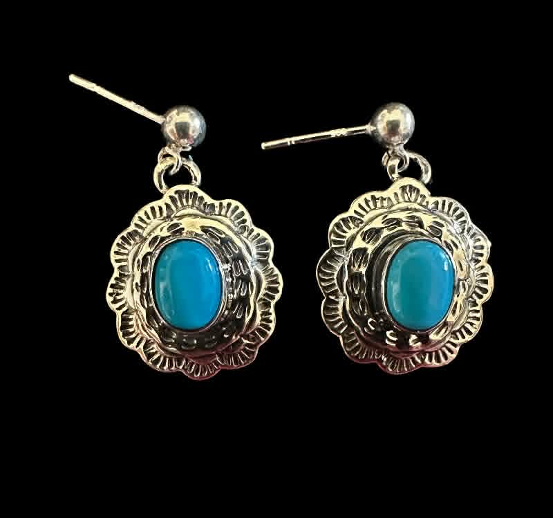 Sterling Silver Concho Sleeping Beauty Turquoise Dangle Earrings by Allen Lee - Native American Jewelry Allen Lee